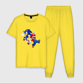 Мужская пижама хлопок с принтом Sonic and Mario , 100% хлопок | брюки и футболка прямого кроя, без карманов, на брюках мягкая резинка на поясе и по низу штанин
 | nintendo | марио | нинтендо