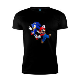 Мужская футболка премиум с принтом Sonic and Mario , 92% хлопок, 8% лайкра | приталенный силуэт, круглый вырез ворота, длина до линии бедра, короткий рукав | nintendo | марио | нинтендо