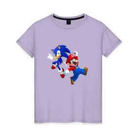 Женская футболка хлопок с принтом Sonic and Mario , 100% хлопок | прямой крой, круглый вырез горловины, длина до линии бедер, слегка спущенное плечо | Тематика изображения на принте: nintendo | марио | нинтендо