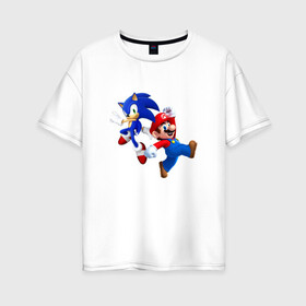 Женская футболка хлопок Oversize с принтом Sonic and Mario , 100% хлопок | свободный крой, круглый ворот, спущенный рукав, длина до линии бедер
 | Тематика изображения на принте: nintendo | марио | нинтендо