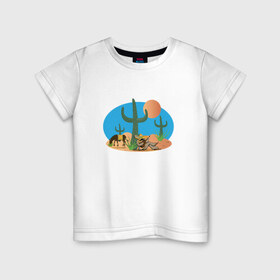 Детская футболка хлопок с принтом Мексиканский пейзаж , 100% хлопок | круглый вырез горловины, полуприлегающий силуэт, длина до линии бедер | кактус | мексика | мексиканский пейзажпейзаж