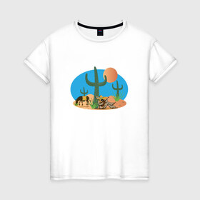 Женская футболка хлопок с принтом Мексиканский пейзаж , 100% хлопок | прямой крой, круглый вырез горловины, длина до линии бедер, слегка спущенное плечо | Тематика изображения на принте: кактус | мексика | мексиканский пейзажпейзаж