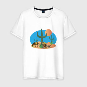 Мужская футболка хлопок с принтом Мексиканский пейзаж , 100% хлопок | прямой крой, круглый вырез горловины, длина до линии бедер, слегка спущенное плечо. | Тематика изображения на принте: кактус | мексика | мексиканский пейзажпейзаж