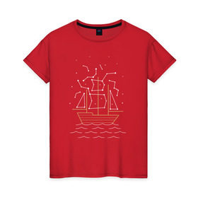 Женская футболка хлопок с принтом Звездный корабль , 100% хлопок | прямой крой, круглый вырез горловины, длина до линии бедер, слегка спущенное плечо | волны | звезды | корабль | море | паруса | созвездия