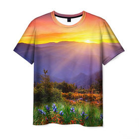 Мужская футболка 3D с принтом Природа , 100% полиэфир | прямой крой, круглый вырез горловины, длина до линии бедер | горы | закат | облака | пейзаж