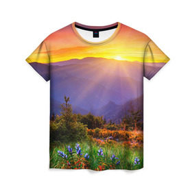 Женская футболка 3D с принтом Природа , 100% полиэфир ( синтетическое хлопкоподобное полотно) | прямой крой, круглый вырез горловины, длина до линии бедер | горы | закат | облака | пейзаж