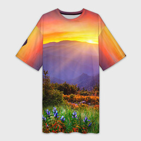 Платье-футболка 3D с принтом Природа ,  |  | Тематика изображения на принте: горы | закат | облака | пейзаж