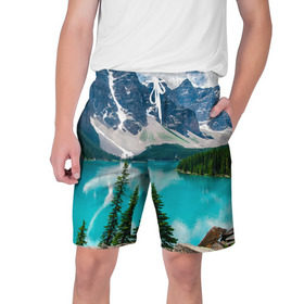 Мужские шорты 3D с принтом Озеро ,  полиэстер 100% | прямой крой, два кармана без застежек по бокам. Мягкая трикотажная резинка на поясе, внутри которой широкие завязки. Длина чуть выше колен | Тематика изображения на принте: горы | облака | пейзаж