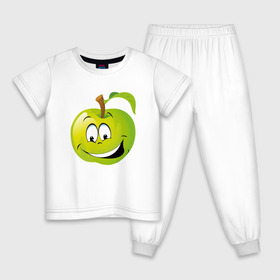 Детская пижама хлопок с принтом Яблоко , 100% хлопок |  брюки и футболка прямого кроя, без карманов, на брюках мягкая резинка на поясе и по низу штанин
 | смайлик | улыбка | фрукты | яблоко | яблокосмайл