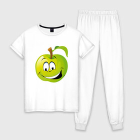 Женская пижама хлопок с принтом Яблоко , 100% хлопок | брюки и футболка прямого кроя, без карманов, на брюках мягкая резинка на поясе и по низу штанин | смайлик | улыбка | фрукты | яблоко | яблокосмайл