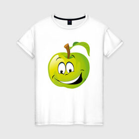 Женская футболка хлопок с принтом Яблоко , 100% хлопок | прямой крой, круглый вырез горловины, длина до линии бедер, слегка спущенное плечо | смайлик | улыбка | фрукты | яблоко | яблокосмайл