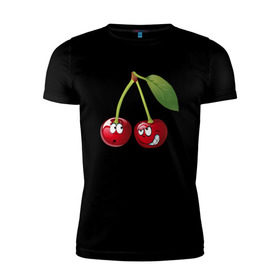 Мужская футболка премиум с принтом Вишня , 92% хлопок, 8% лайкра | приталенный силуэт, круглый вырез ворота, длина до линии бедра, короткий рукав | Тематика изображения на принте: вишнявишня | смайл | смайлик | улыбка | фрукты