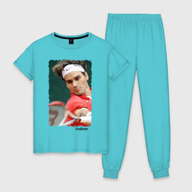 Женская пижама хлопок с принтом Роджер Федерер , 100% хлопок | брюки и футболка прямого кроя, без карманов, на брюках мягкая резинка на поясе и по низу штанин | roger federer | роджер федерер | теннис | чемпион