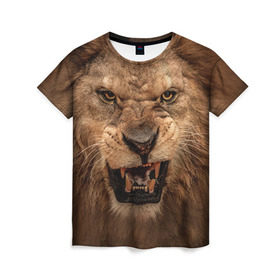 Женская футболка 3D с принтом Лев , 100% полиэфир ( синтетическое хлопкоподобное полотно) | прямой крой, круглый вырез горловины, длина до линии бедер | животные | злой лев | зубы | лев | оскал