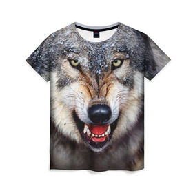 Женская футболка 3D с принтом Волк , 100% полиэфир ( синтетическое хлопкоподобное полотно) | прямой крой, круглый вырез горловины, длина до линии бедер | волк | животные | злой волк | зубы | оскал