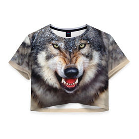 Женская футболка 3D укороченная с принтом Волк , 100% полиэстер | круглая горловина, длина футболки до линии талии, рукава с отворотами | волк | животные | злой волк | зубы | оскал