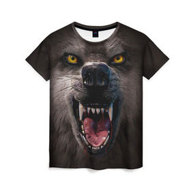 Женская футболка 3D с принтом Злой волк , 100% полиэфир ( синтетическое хлопкоподобное полотно) | прямой крой, круглый вырез горловины, длина до линии бедер | волк | животные | злой волк | зубы | оскал