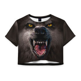 Женская футболка 3D укороченная с принтом Злой волк , 100% полиэстер | круглая горловина, длина футболки до линии талии, рукава с отворотами | волк | животные | злой волк | зубы | оскал