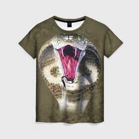 Женская футболка 3D с принтом Кобра , 100% полиэфир ( синтетическое хлопкоподобное полотно) | прямой крой, круглый вырез горловины, длина до линии бедер | змея | зубы | кобра