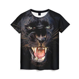 Женская футболка 3D с принтом Пантера , 100% полиэфир ( синтетическое хлопкоподобное полотно) | прямой крой, круглый вырез горловины, длина до линии бедер | животные | зубы | киса | киска | кошка | оскал | пантера