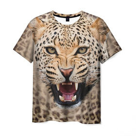 Мужская футболка 3D с принтом Леопард , 100% полиэфир | прямой крой, круглый вырез горловины, длина до линии бедер | животные | зубы | киса | киска | кошка | леопард | оскал