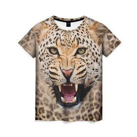 Женская футболка 3D с принтом Леопард , 100% полиэфир ( синтетическое хлопкоподобное полотно) | прямой крой, круглый вырез горловины, длина до линии бедер | животные | зубы | киса | киска | кошка | леопард | оскал