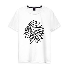 Мужская футболка хлопок с принтом Индеец , 100% хлопок | прямой крой, круглый вырез горловины, длина до линии бедер, слегка спущенное плечо. | Тематика изображения на принте: вождь | индеец | индеецперья | индейцы | узоры