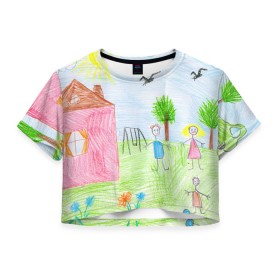 Женская футболка 3D укороченная с принтом Детские рисунки , 100% полиэстер | круглая горловина, длина футболки до линии талии, рукава с отворотами | dg | габбана | детский | дольче | карандаш | картина | мода | рисунок