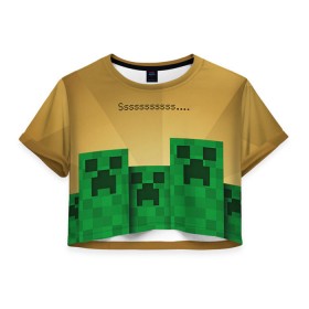 Женская футболка 3D укороченная с принтом Minecraft , 100% полиэстер | круглая горловина, длина футболки до линии талии, рукава с отворотами | крипер