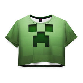 Женская футболка 3D укороченная с принтом Minecraft , 100% полиэстер | круглая горловина, длина футболки до линии талии, рукава с отворотами | крипер