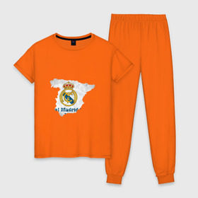 Женская пижама хлопок с принтом Реал Мадрид , 100% хлопок | брюки и футболка прямого кроя, без карманов, на брюках мягкая резинка на поясе и по низу штанин | real | реал мадрид на карте испанииреал | футбол