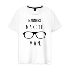 Мужская футболка хлопок с принтом Kingsman Manners maketh man. , 100% хлопок | прямой крой, круглый вырез горловины, длина до линии бедер, слегка спущенное плечо. | kingsman manners maketh man. кингсмен