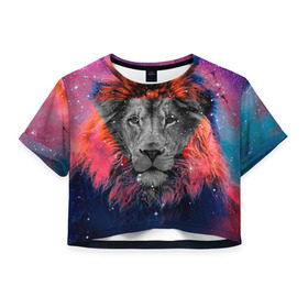 Женская футболка 3D укороченная с принтом Космический лев , 100% полиэстер | круглая горловина, длина футболки до линии талии, рукава с отворотами | hipster | leon | style | космос | лев | хипстер | хипстеры