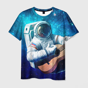 Мужская футболка 3D с принтом Космонавт с гитарой , 100% полиэфир | прямой крой, круглый вырез горловины, длина до линии бедер | гитара