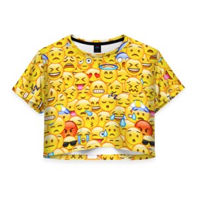 Женская футболка 3D укороченная с принтом Emoji , 100% полиэстер | круглая горловина, длина футболки до линии талии, рукава с отворотами | emoji | смайлы | эмоджи