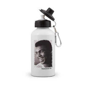 Бутылка спортивная с принтом Мухаммед Али (Muhammad Ali) , металл | емкость — 500 мл, в комплекте две пластиковые крышки и карабин для крепления | Тематика изображения на принте: мухаммед али