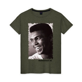 Женская футболка хлопок с принтом Мухаммед Али (Muhammad Ali) , 100% хлопок | прямой крой, круглый вырез горловины, длина до линии бедер, слегка спущенное плечо | мухаммед али