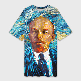 Платье-футболка 3D с принтом Ленин по мотивам Ван Гога ,  |  | lenin | ван гог | ильич | ленин | ретро | ссср | товарищ