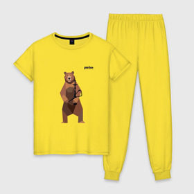 Женская пижама хлопок с принтом Медведь Plan B №2 (чёрный) , 100% хлопок | брюки и футболка прямого кроя, без карманов, на брюках мягкая резинка на поясе и по низу штанин | planb | кальян | медведь | на макете изображен бурый медведь с кальяном | планб
