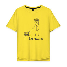 Мужская футболка хлопок Oversize с принтом Я люблю поезда , 100% хлопок | свободный крой, круглый ворот, “спинка” длиннее передней части | Тематика изображения на принте: вагоны | метро | поезд | транспорт | человечек