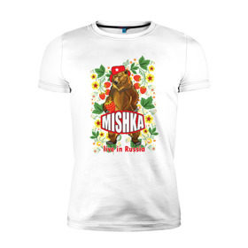 Мужская футболка премиум с принтом MISHKA , 92% хлопок, 8% лайкра | приталенный силуэт, круглый вырез ворота, длина до линии бедра, короткий рукав | Тематика изображения на принте: медведь | мишка | россия | русский | хохлома | ягода