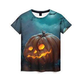 Женская футболка 3D с принтом Тыква , 100% полиэфир ( синтетическое хлопкоподобное полотно) | прямой крой, круглый вырез горловины, длина до линии бедер | halloween | праздник | тыква | хэллоуин