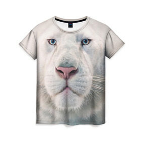 Женская футболка 3D с принтом Белый лев , 100% полиэфир ( синтетическое хлопкоподобное полотно) | прямой крой, круглый вырез горловины, длина до линии бедер | белый лев | животные | лев
