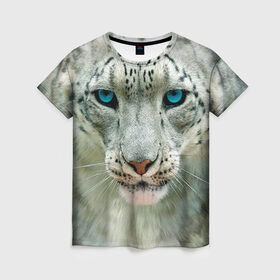 Женская футболка 3D с принтом Снежный барс , 100% полиэфир ( синтетическое хлопкоподобное полотно) | прямой крой, круглый вырез горловины, длина до линии бедер | барс | животные | кошка | снежный барс