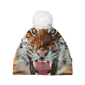 Шапка 3D c помпоном с принтом Тигр , 100% полиэстер | универсальный размер, печать по всей поверхности изделия | животные | зубы | кошка | тигр