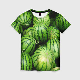 Женская футболка 3D с принтом Арбузы , 100% полиэфир ( синтетическое хлопкоподобное полотно) | прямой крой, круглый вырез горловины, длина до линии бедер | арбуз | еда | фрукт | ягода