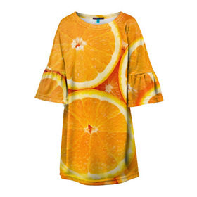 Детское платье 3D с принтом Апельсин , 100% полиэстер | прямой силуэт, чуть расширенный к низу. Круглая горловина, на рукавах — воланы | Тематика изображения на принте: апельсин | еда | лимон | фрукт