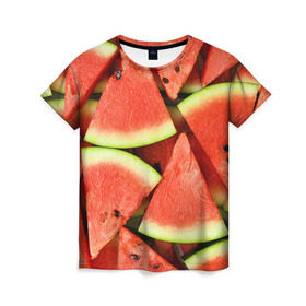 Женская футболка 3D с принтом Дольки арбуза , 100% полиэфир ( синтетическое хлопкоподобное полотно) | прямой крой, круглый вырез горловины, длина до линии бедер | арбуз | дольки арбуза | еда | фрукт | ягода