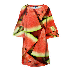 Детское платье 3D с принтом Дольки арбуза , 100% полиэстер | прямой силуэт, чуть расширенный к низу. Круглая горловина, на рукавах — воланы | арбуз | дольки арбуза | еда | фрукт | ягода