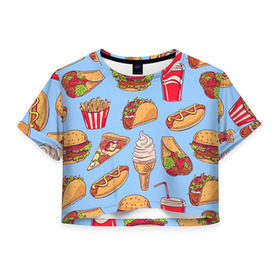 Женская футболка 3D укороченная с принтом Еда , 100% полиэстер | круглая горловина, длина футболки до линии талии, рукава с отворотами | гамбургер | еда | пицца | фастфуд | фри